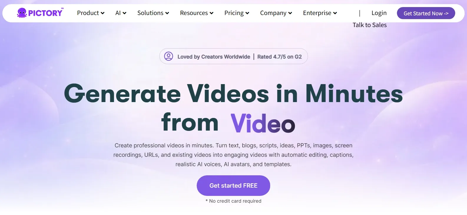 A promotional banner for Pictory, highlighting video creation features.