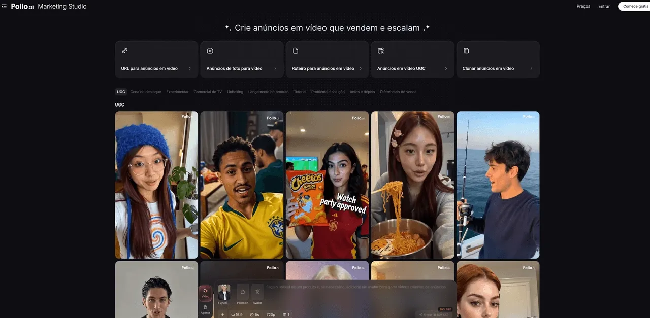 Tela do Pollo AI Marketing Studio mostrando diferentes pontos de partida para criar vídeo com IA
