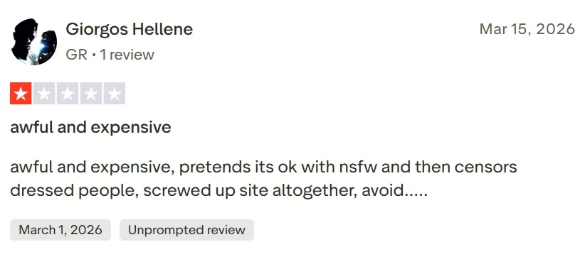 Pagina di recensioni a una stella su Trustpilot che mostra feedback su prezzi e moderazione dei contenuti di getimg.ai.