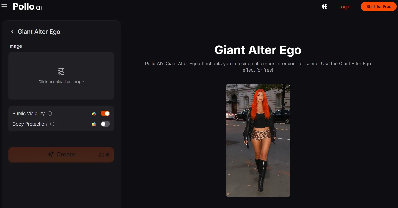 A person with bright red hair wearing a black outfit and leopard print shorts.