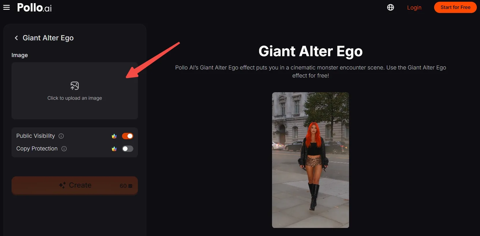 Interface for uploading an image for the Giant Alter Ego effect.
