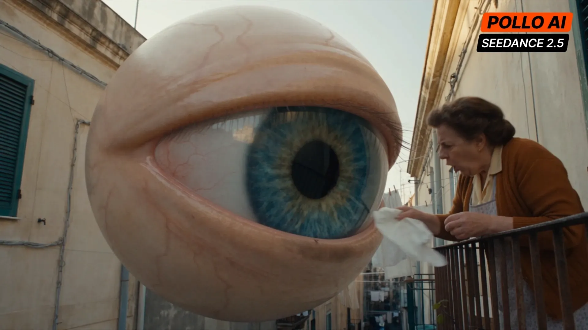 A giant eye looms over a woman cleaning a balcony in a narrow street.