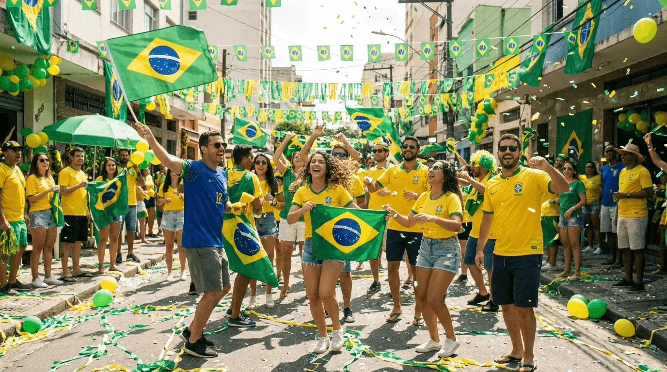 Prompt de vídeo IA para torcida brasileira comemorando na Copa do Mundo