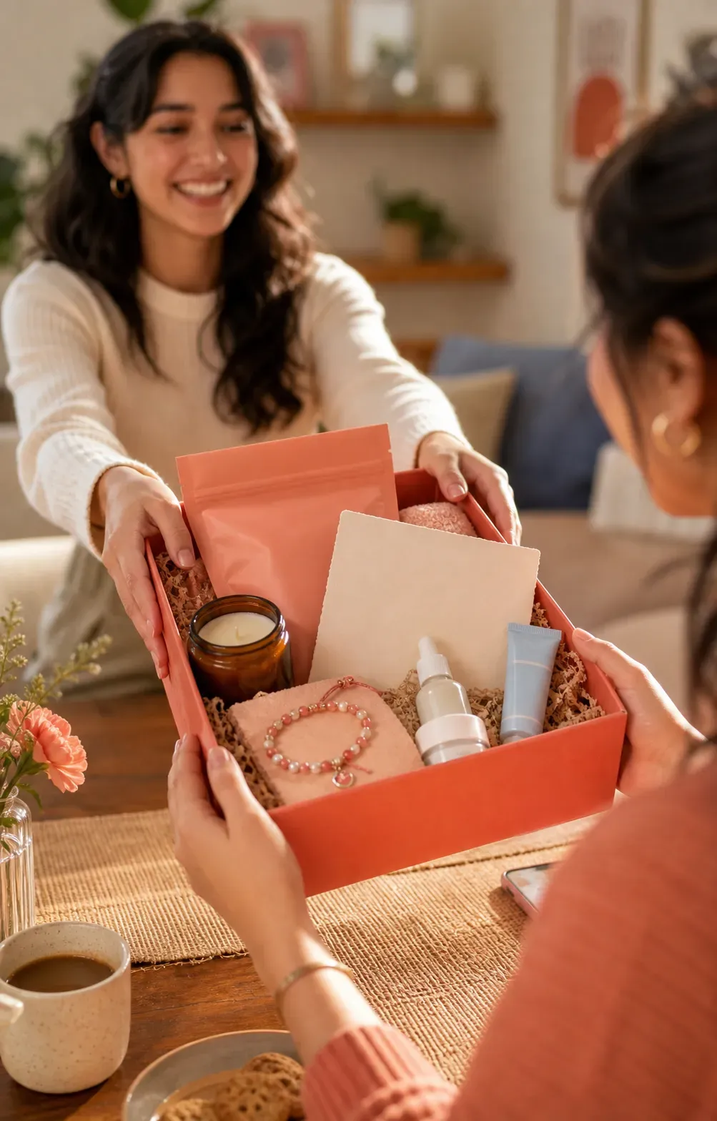 Una mujer sonriente entrega una caja de regalo con productos de belleza.
