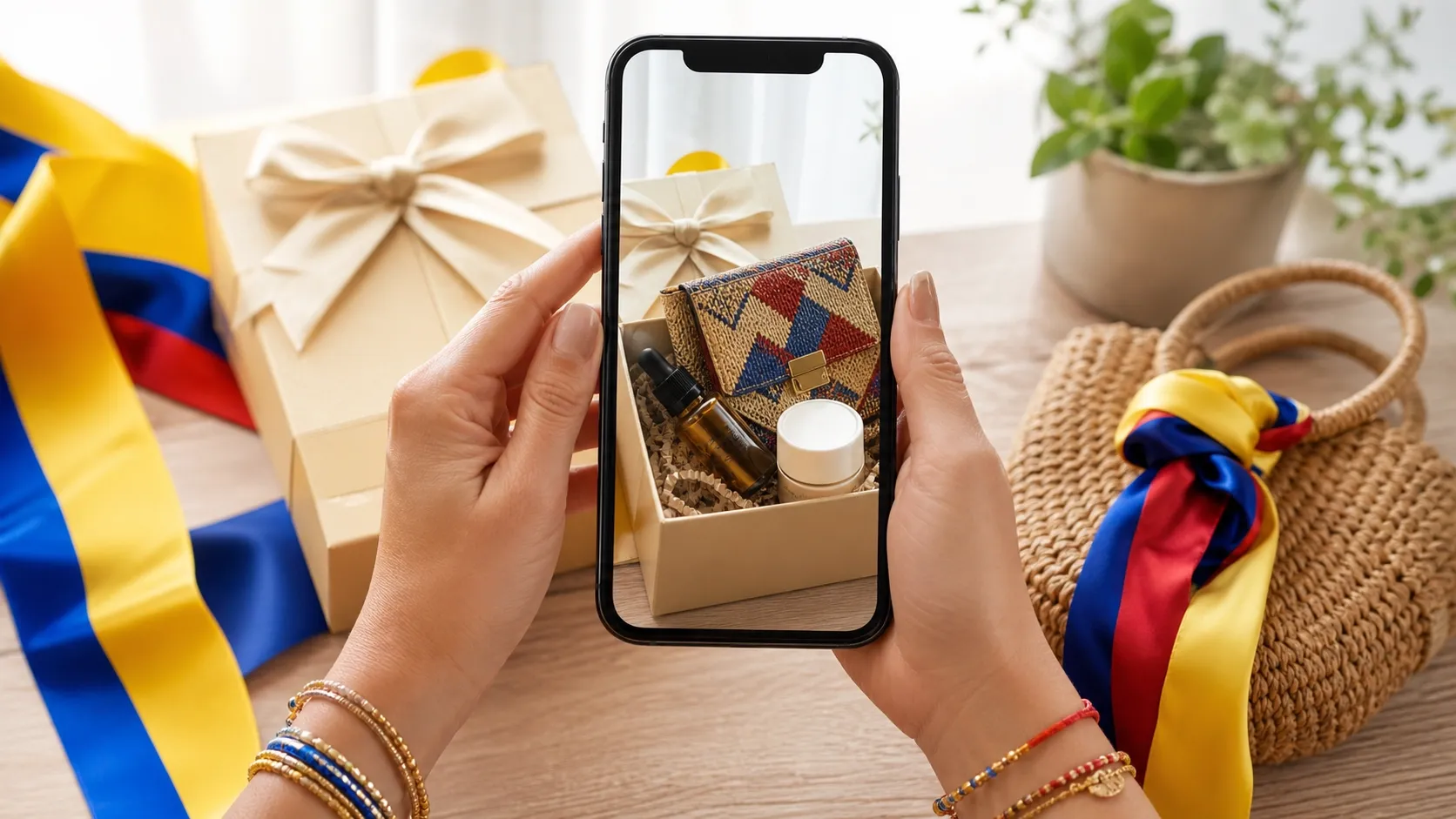 Una persona sostiene un teléfono mostrando una caja de regalo con productos de belleza.