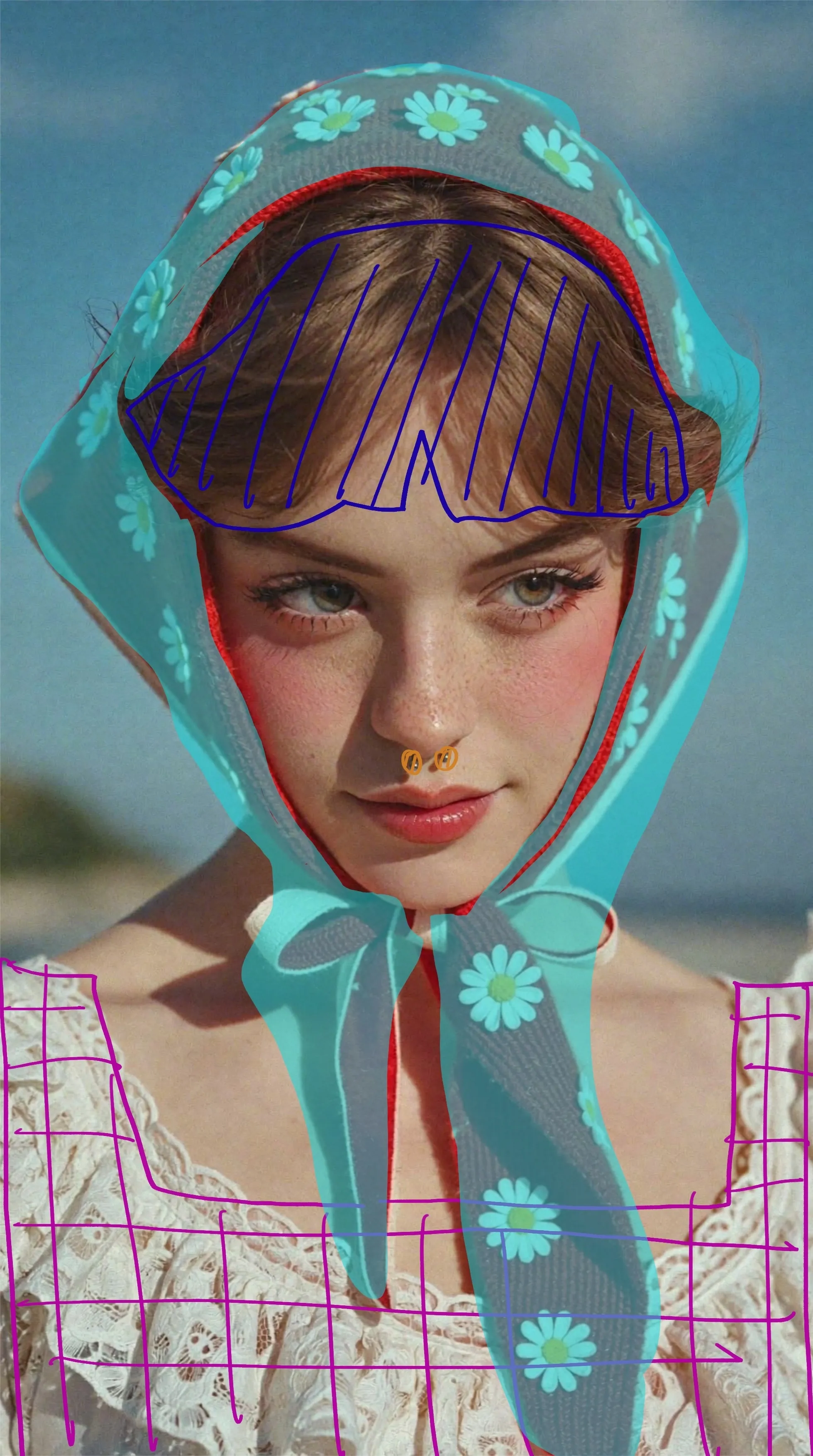 Una ragazza con un foulard floreale in testa e un vestito di pizzo posa contro un cielo azzurro.