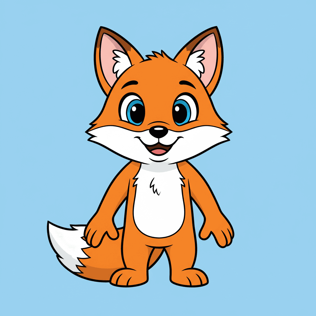 Cute cartoon fox, bright blue background, playful style