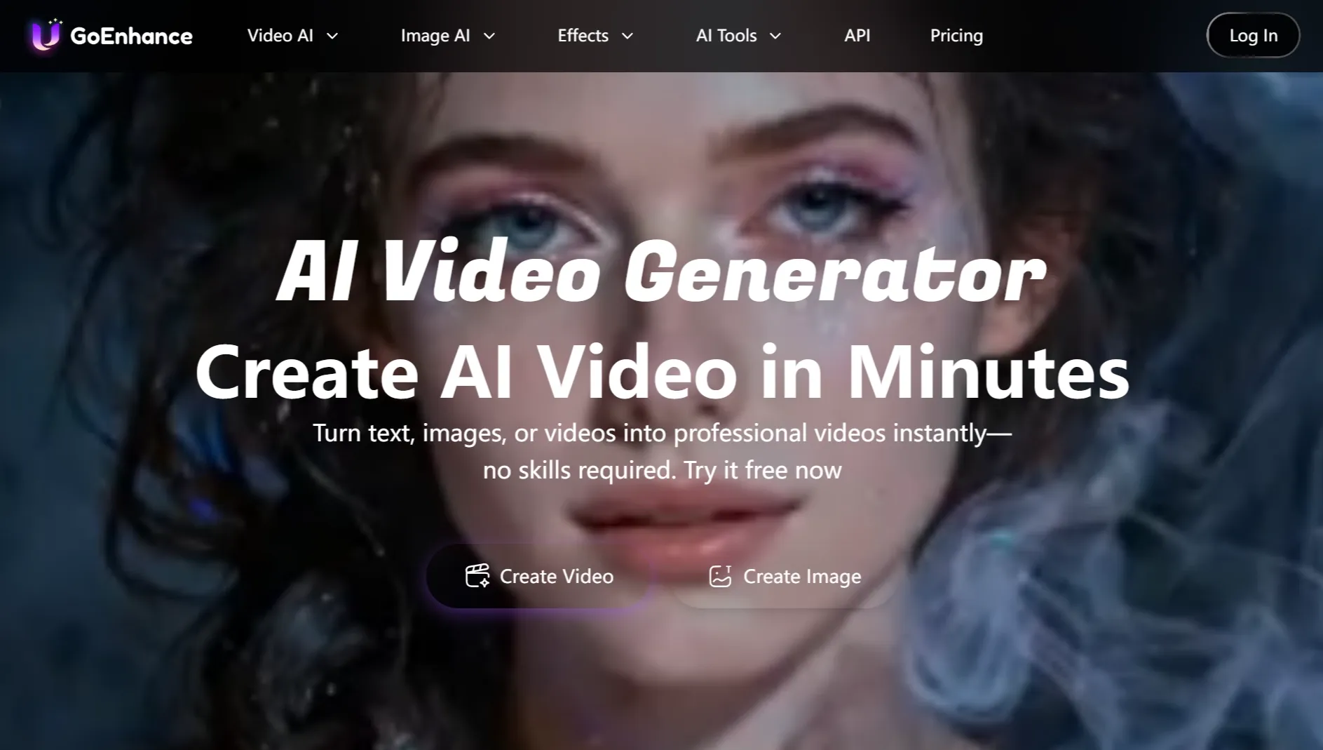 GoEnhance AI-videogeneratorens hjemmeside med nærbillede af fantasiportrætbaggrund