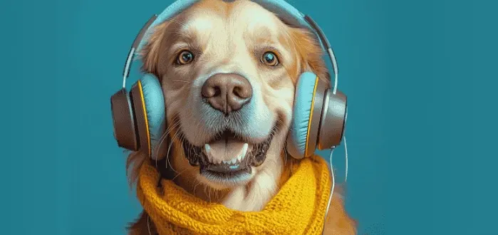 Smiling golden retriever wearing headphones and yellow knitted scarf