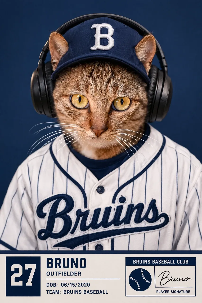 baseball cat with a headphone on