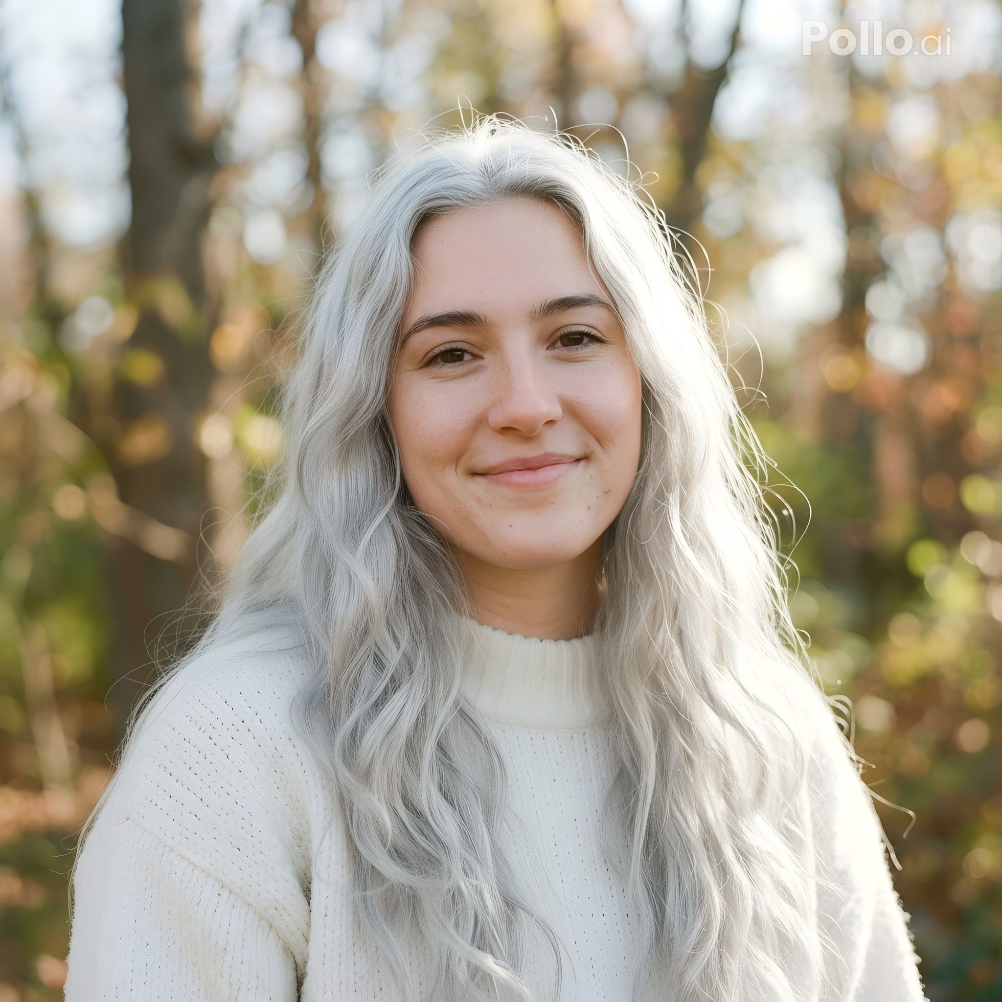 Portret van een lachende vrouw met lang wit haar in een bos.