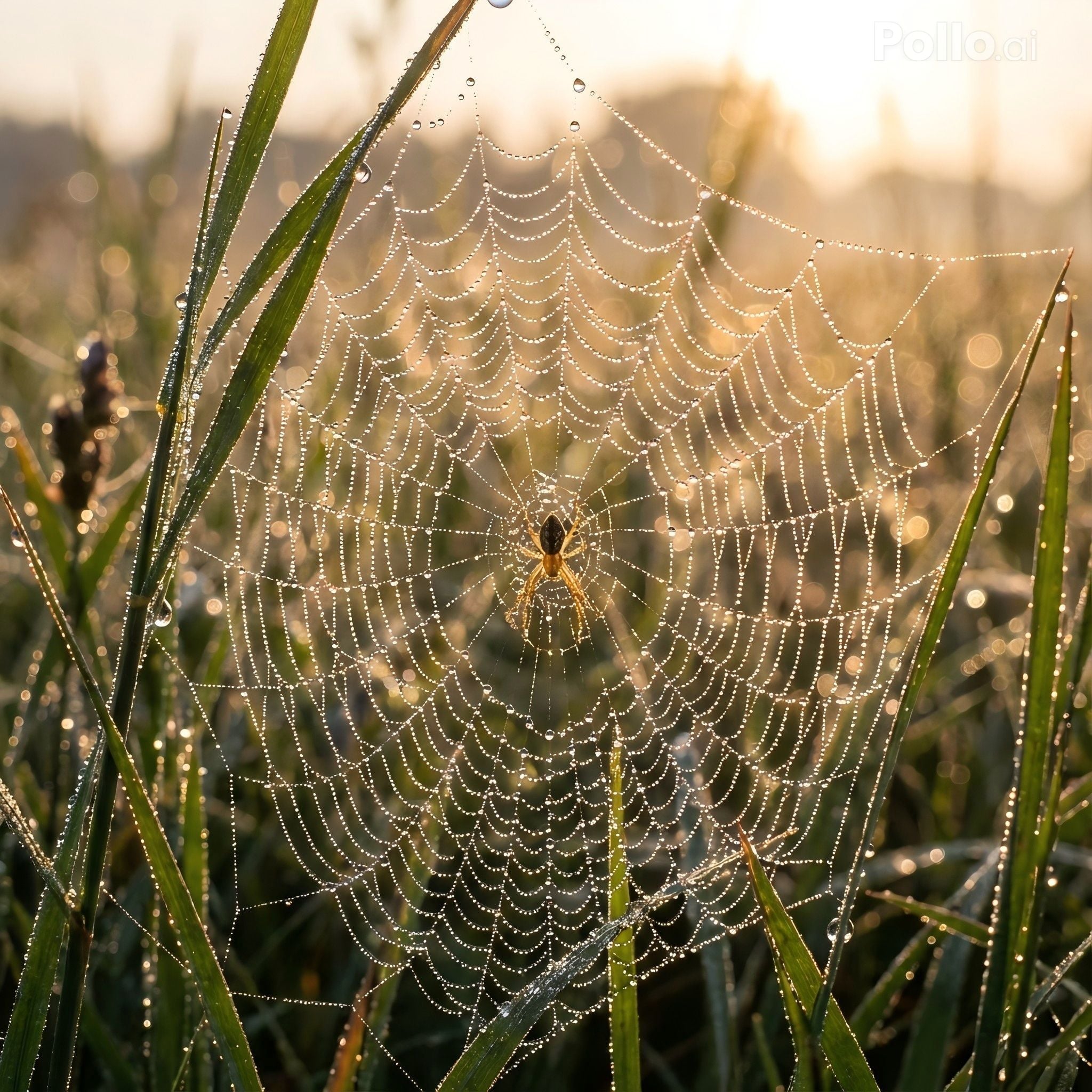 Met dauw bedekt spinnenweb in het gras bij zonsopgang.