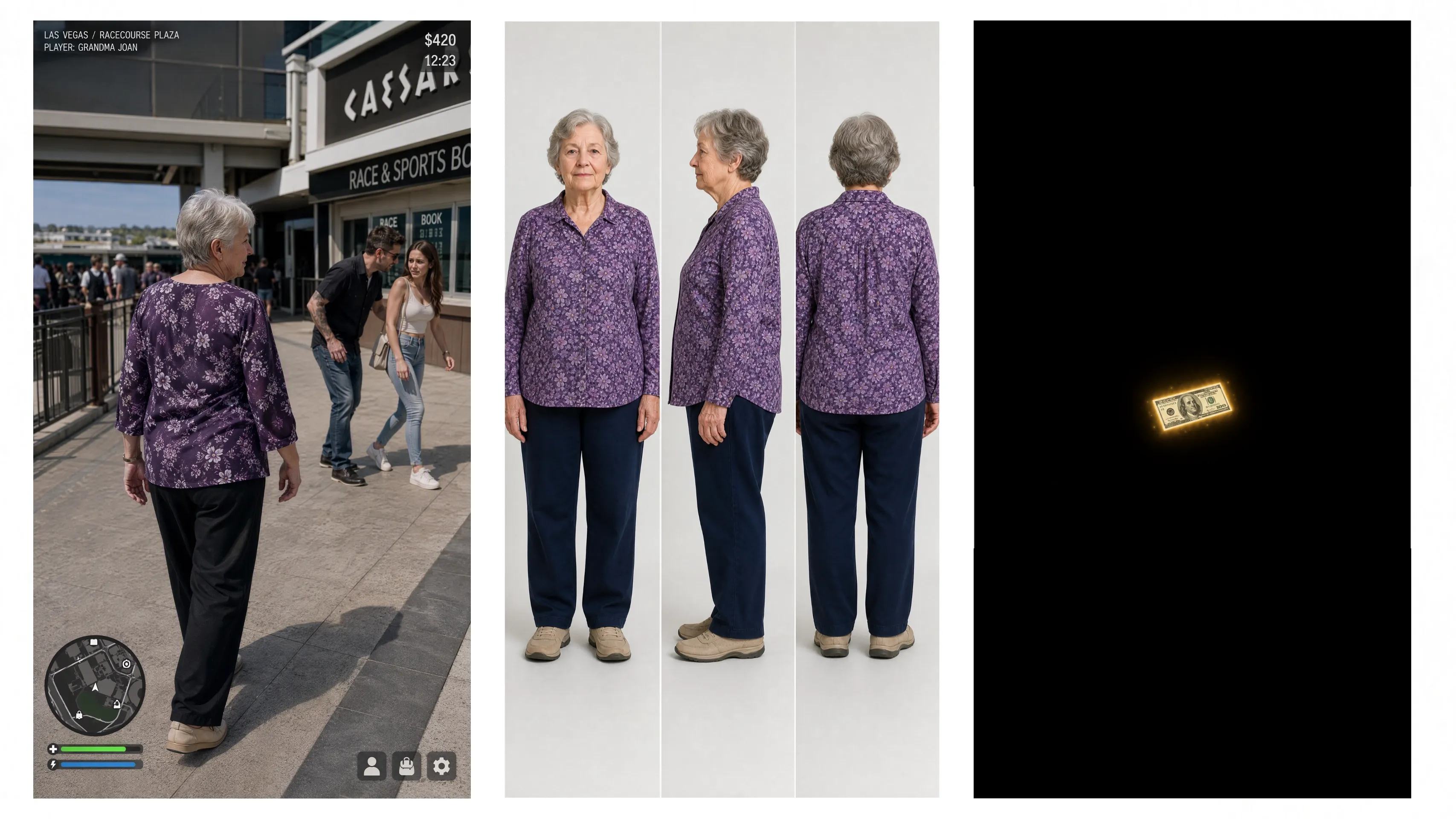 An elderly woman in a purple floral shirt walks in Las Vegas near a sports book.