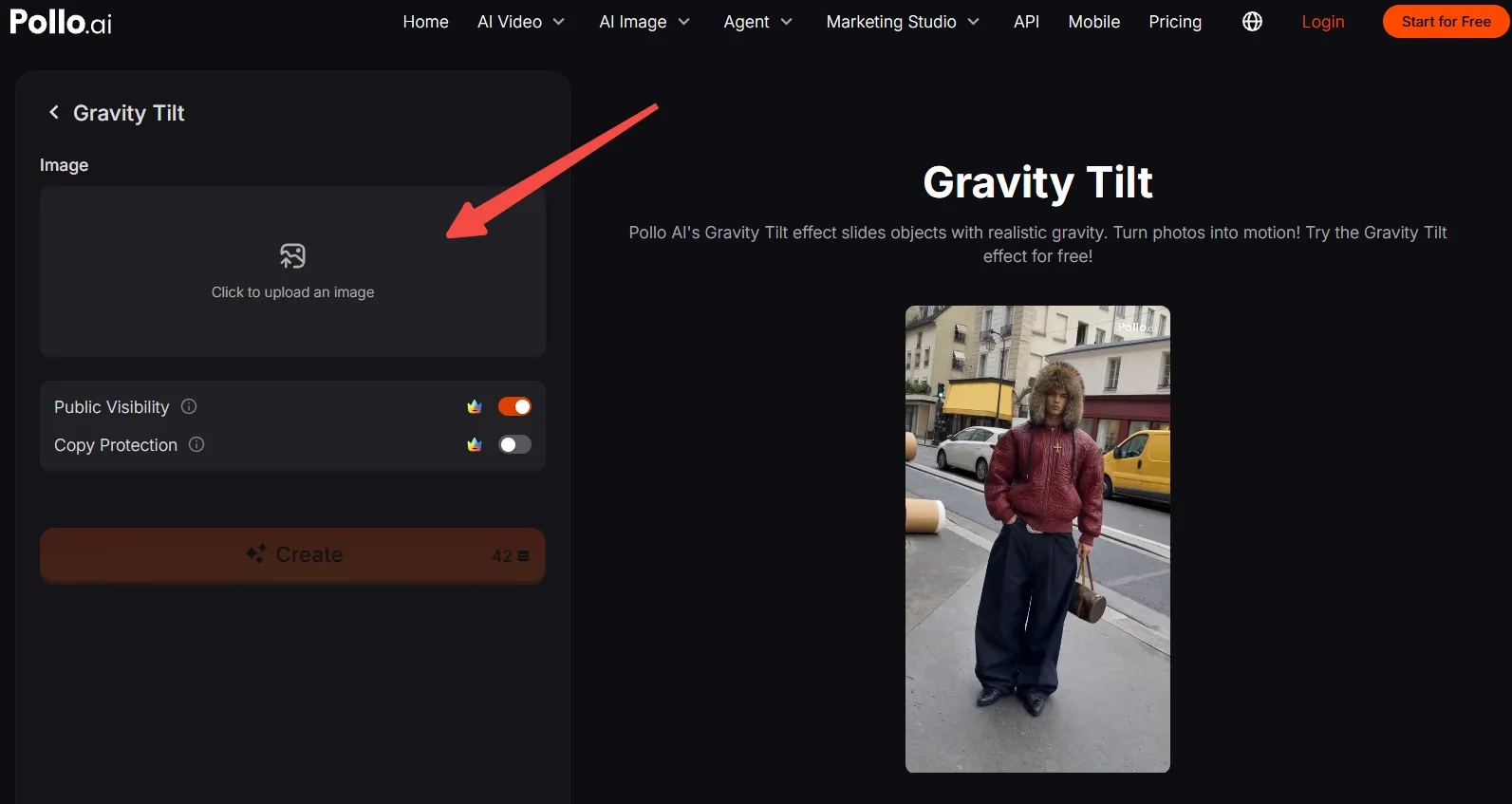 Interface for uploading an image with Gravity Tilt effect option.