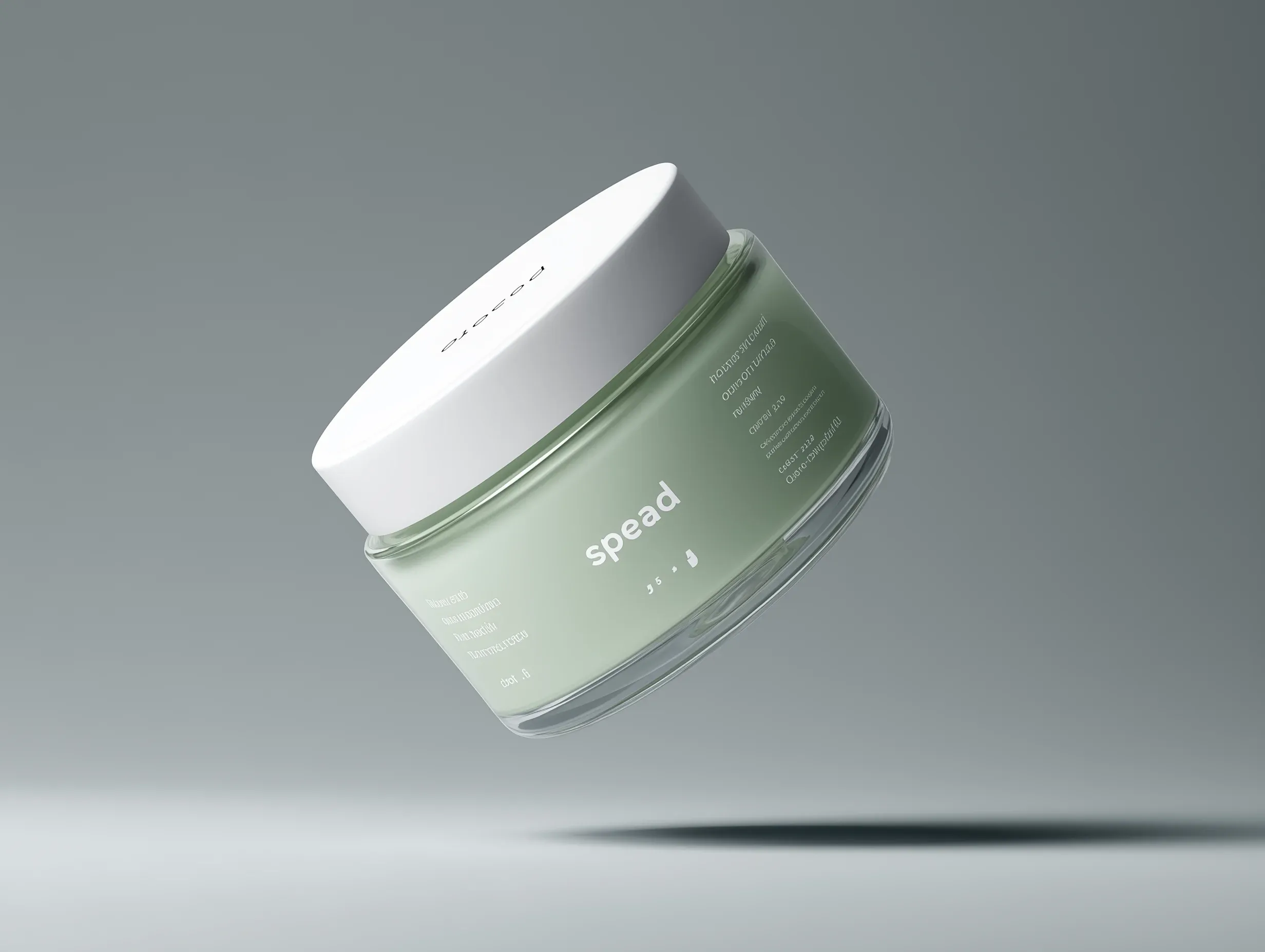 A floating green cream jar with a white lid and minimalist design.
