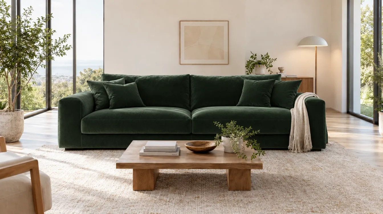 A green sofa with pillows in a bright, modern living room setting.