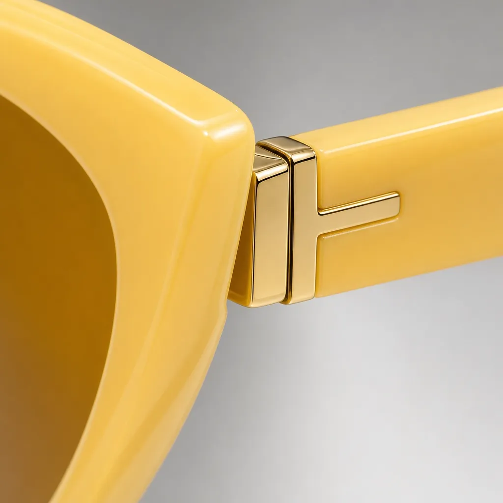 Gros plan produit généré par Pollo AI sur la charnière de lunettes de soleil jaunes