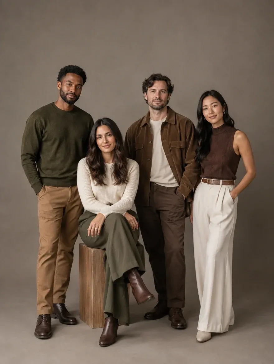 Four people pose together in stylish outfits against a neutral background.