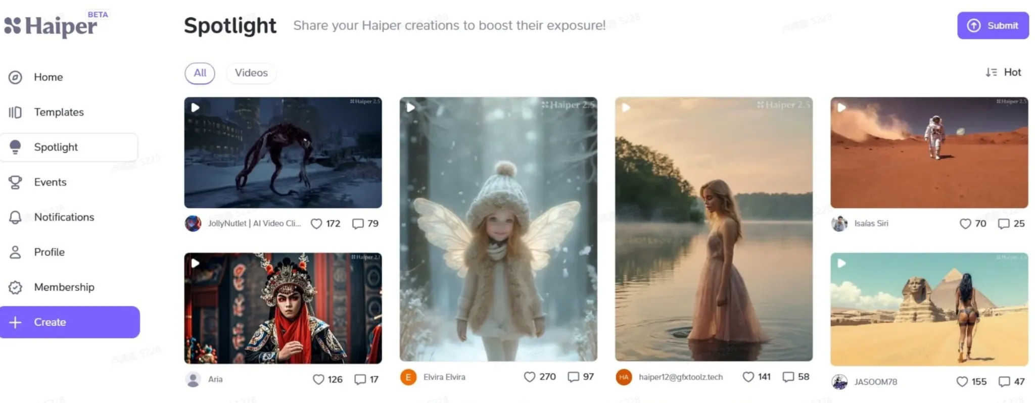 A user interface displaying various video thumbnails on Haiper's Spotlight feature.