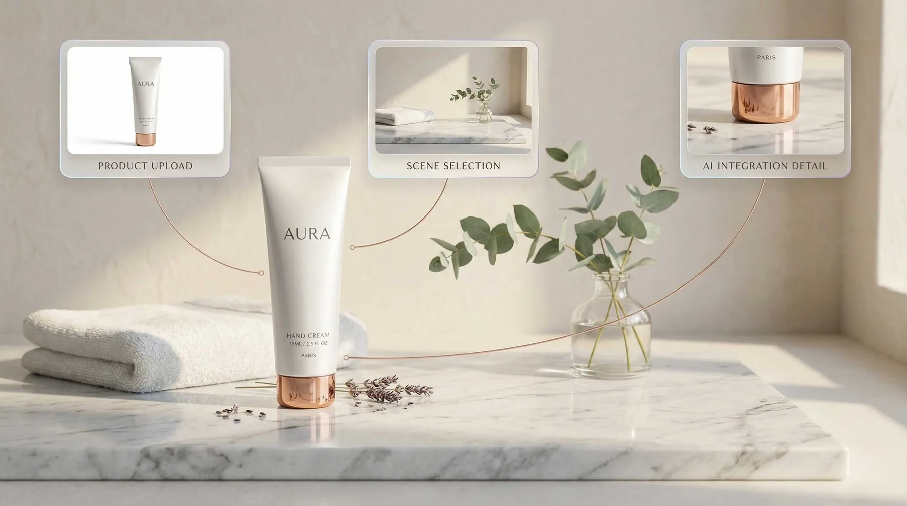 Eine Handcreme-Tube auf einer Marmoroberfläche mit Produktdetails und Grünpflanzen.