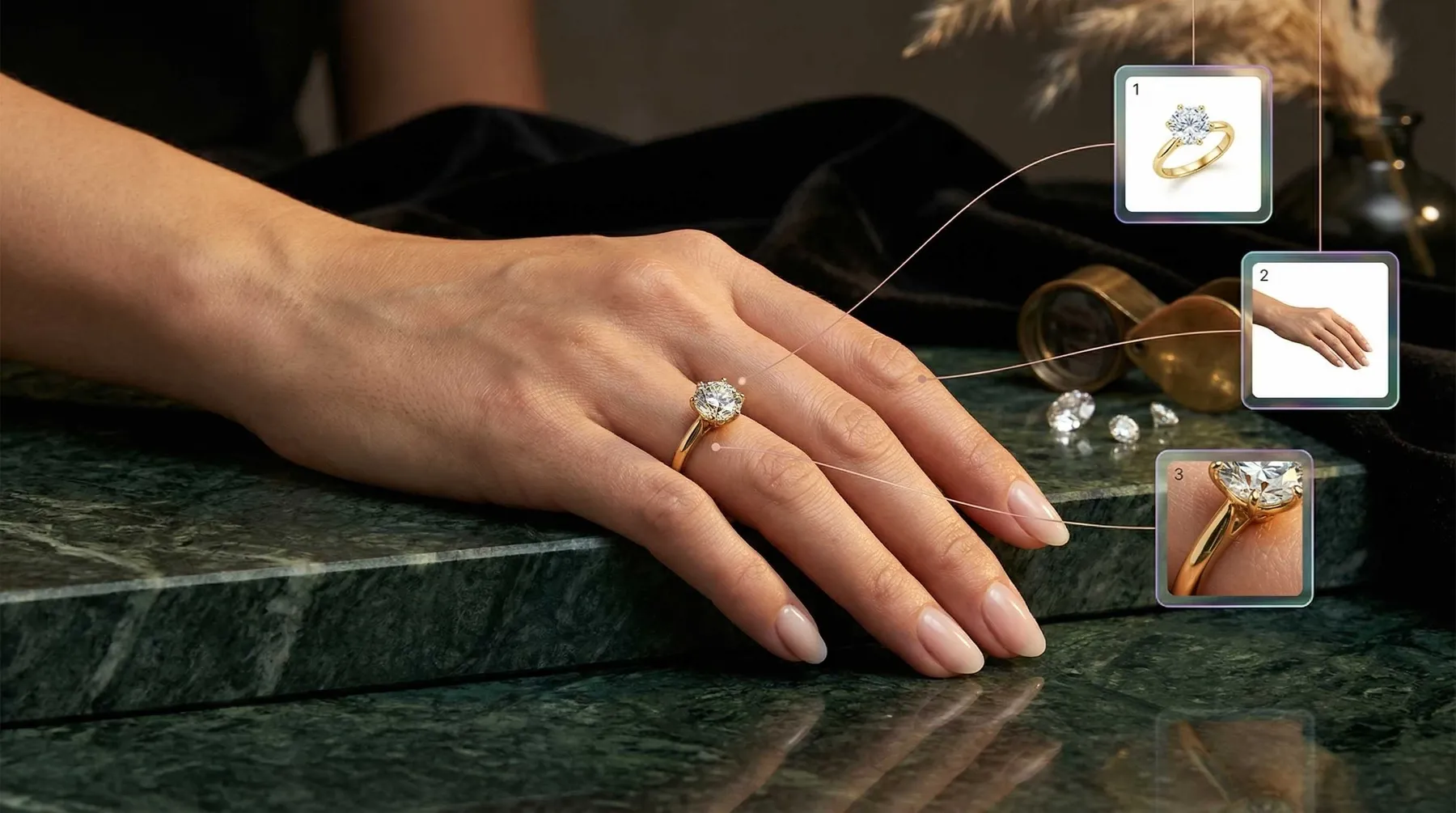 Eine Hand präsentiert einen Verlobungsring auf einer Marmoroberfläche.