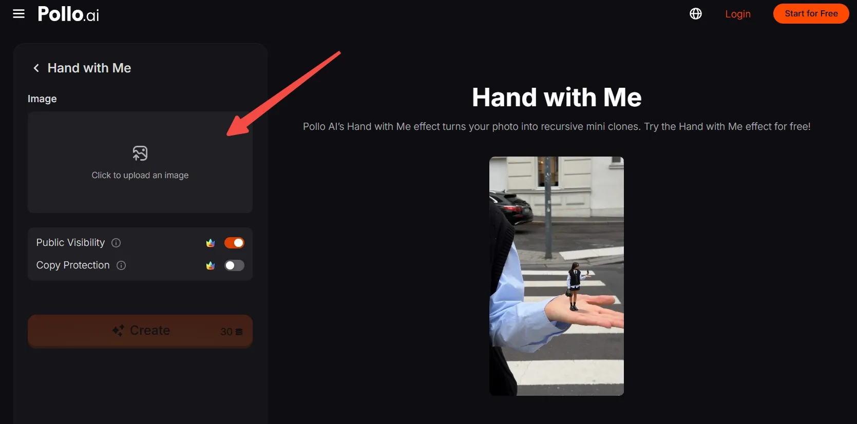 Interface for uploading an image with a mini clone effect preview.