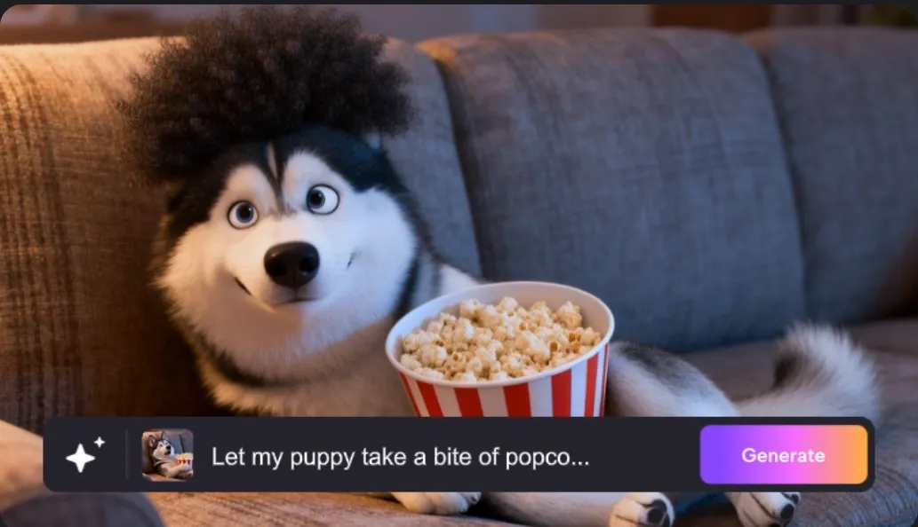 Een vrolijke huskyhond zit op een bank met een kom popcorn.
