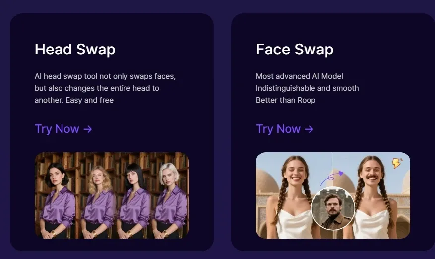 AI head swap and face swap tool comparison showing the head swap tool on the left and face swap tool on the right with different face replacement effects