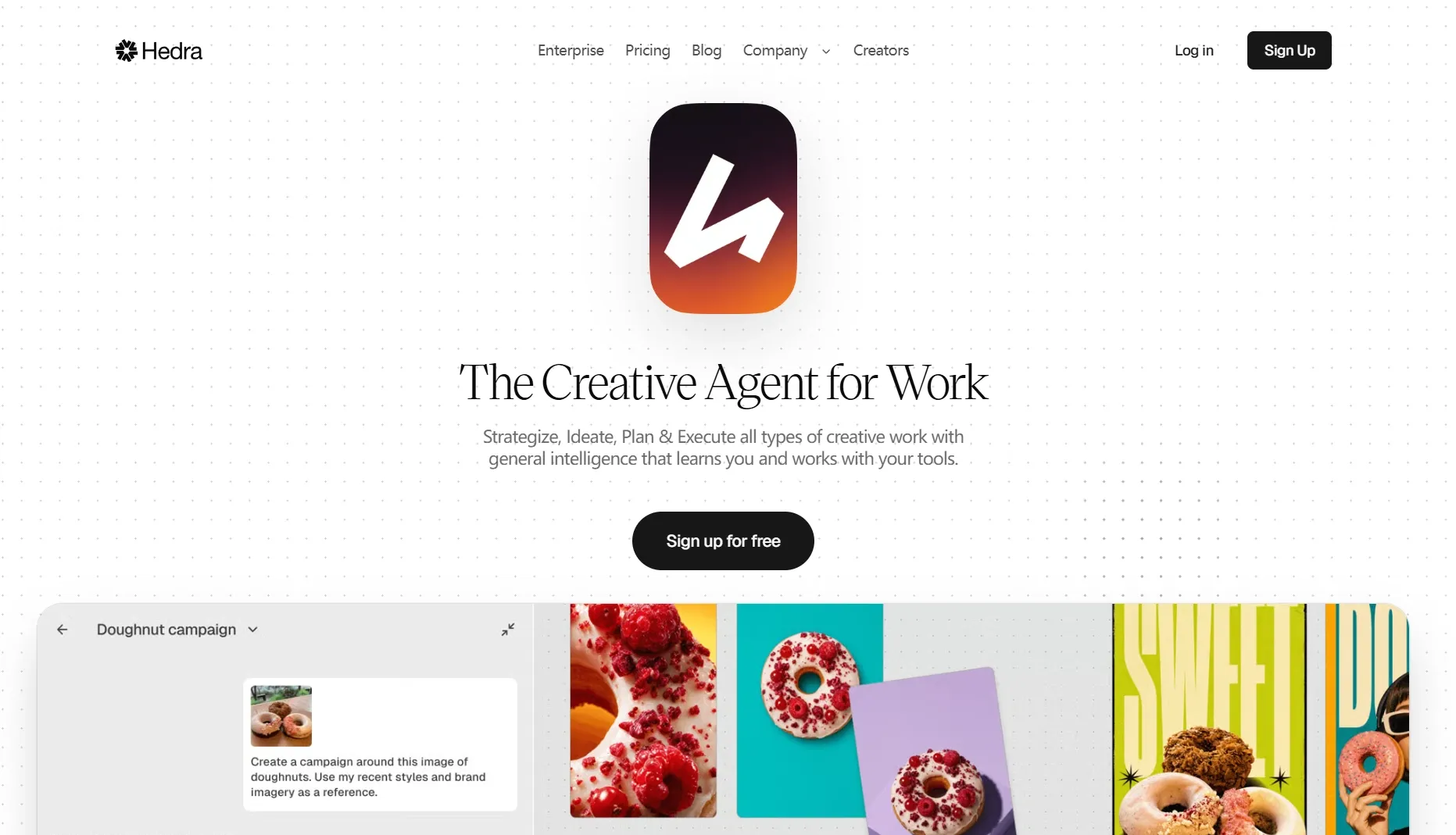 De homepage van Hedra is een werkruimte voor een AI-creatieve agent.