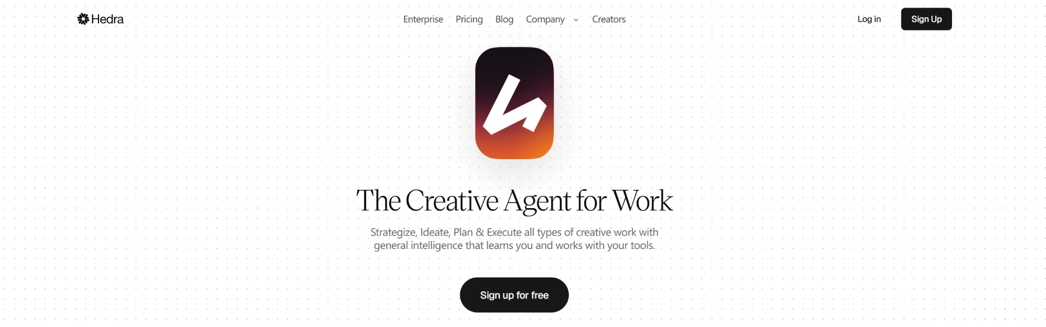 Hedra logo and tagline promoting a creative work platform.