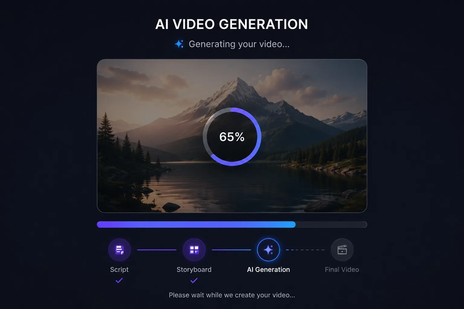 Interfaz de generación de vídeo mediante IA que muestra el progreso, el guion gráfico y las etapas de renderizado.