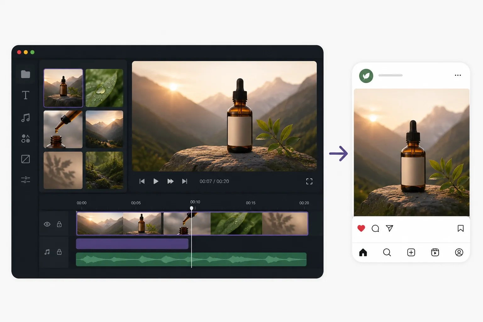 Editor de vídeo exportando contenido pulido a una publicación en redes sociales.