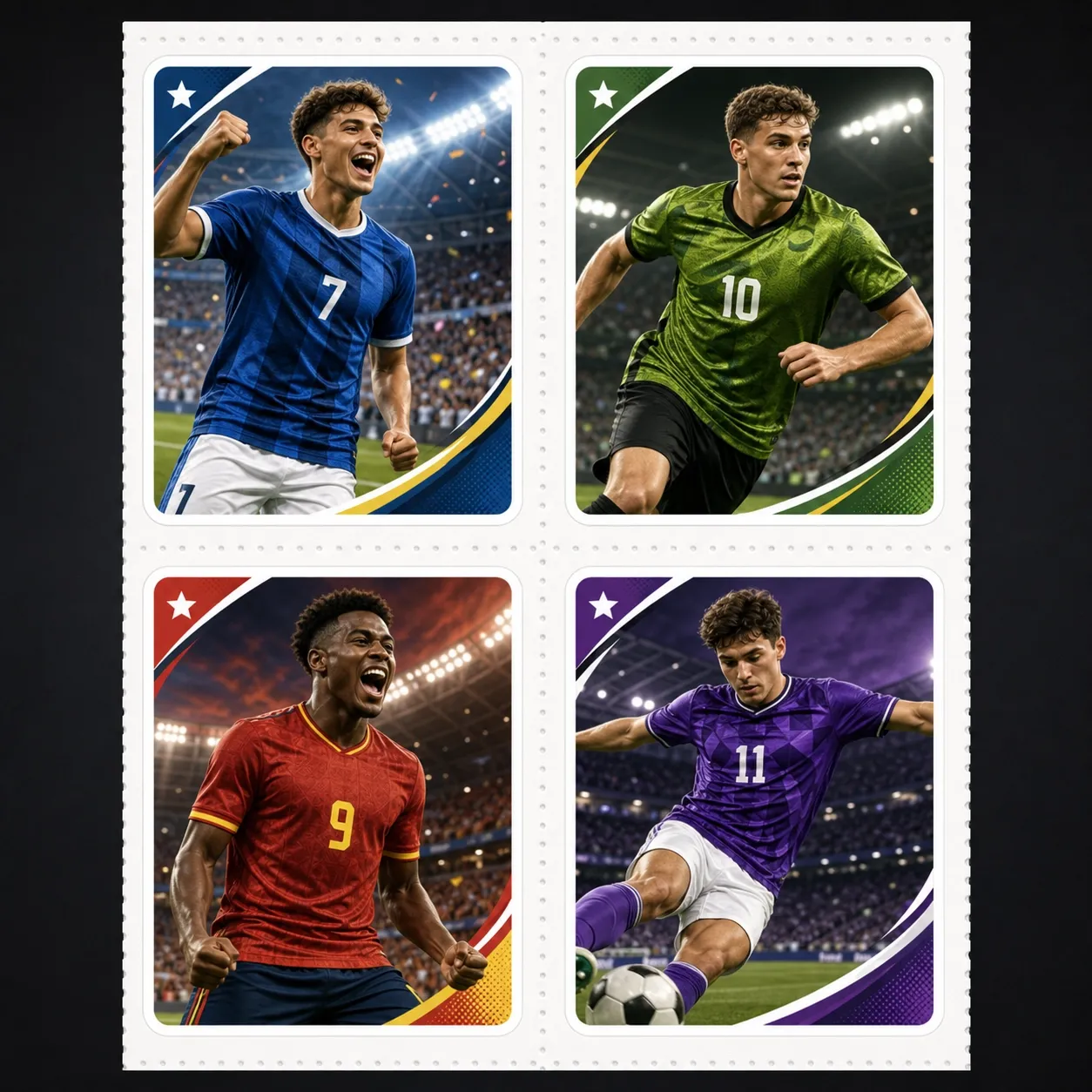 hoja de cuatro stickers de fútbol estilo álbum generada con IA con jugadores ficticios