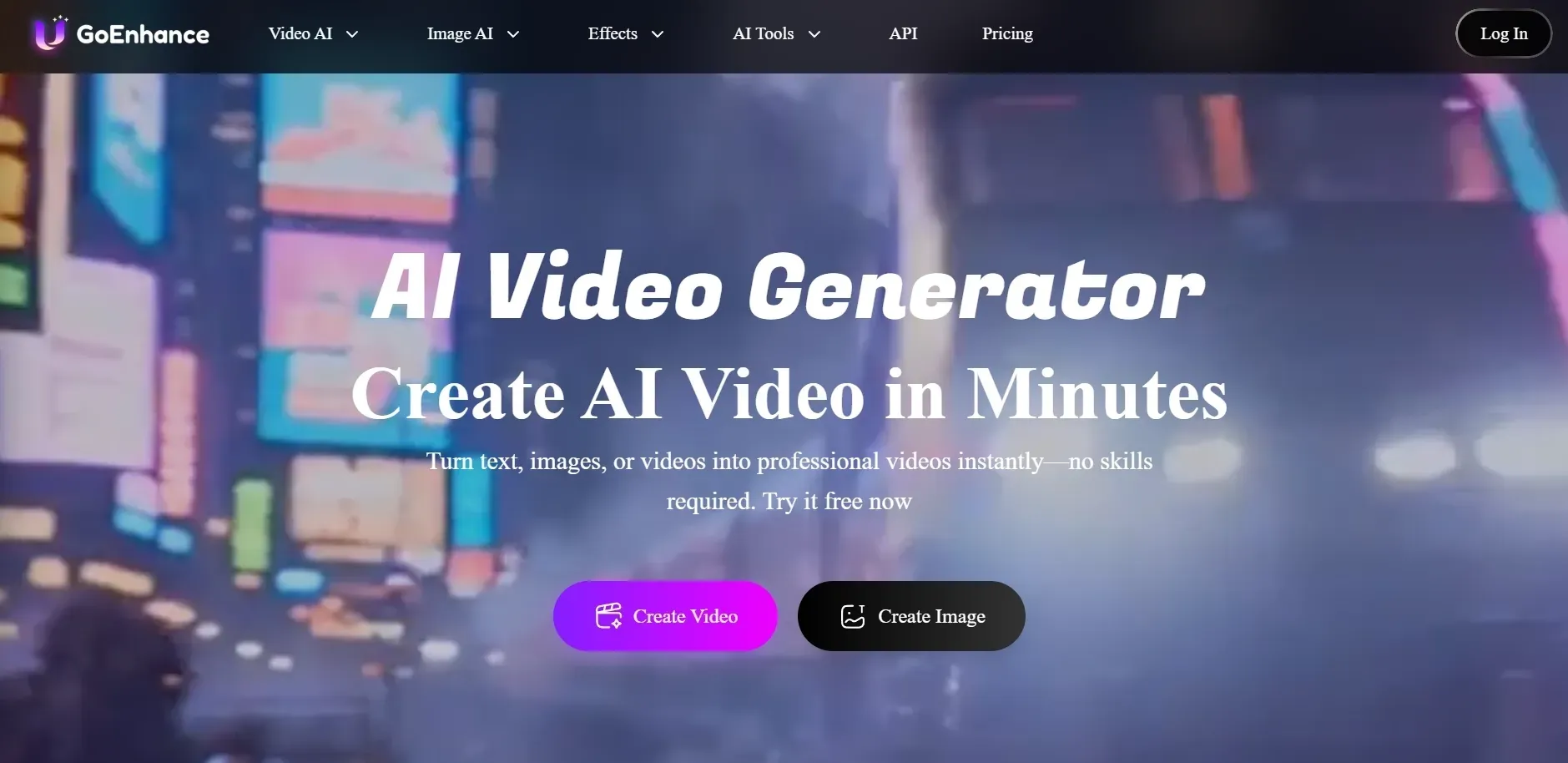 Homepage eines KI-Videogenerators mit Schaltflächen zur Erstellung von Videos und Bildern.