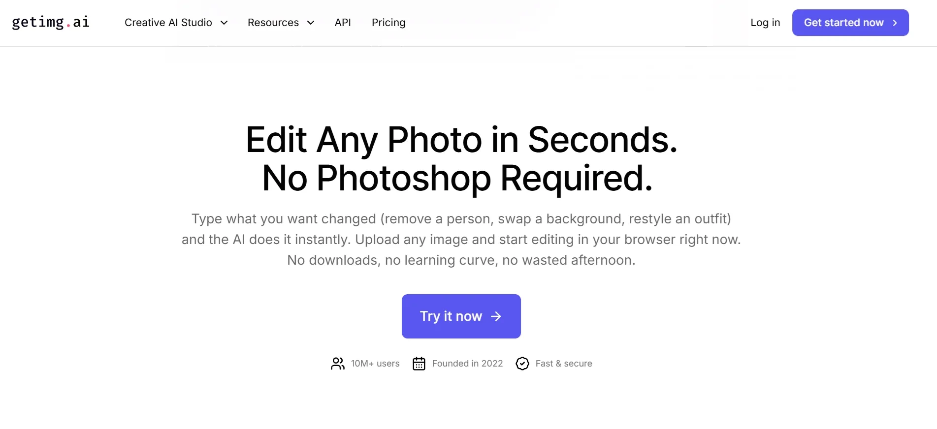 Homepage von getimg.ai mit Präsentation der Fotobearbeitungsfunktionen und Benutzeranweisungen.