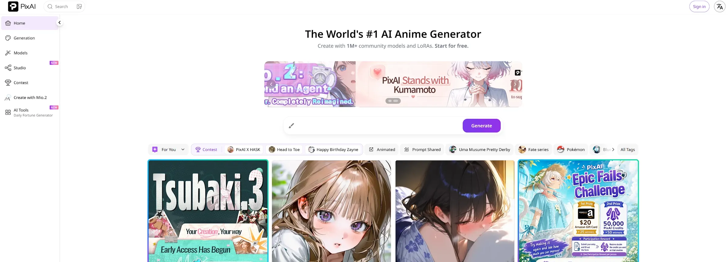 Homepage of PixAI featuring anime generation tools and contest announcements.