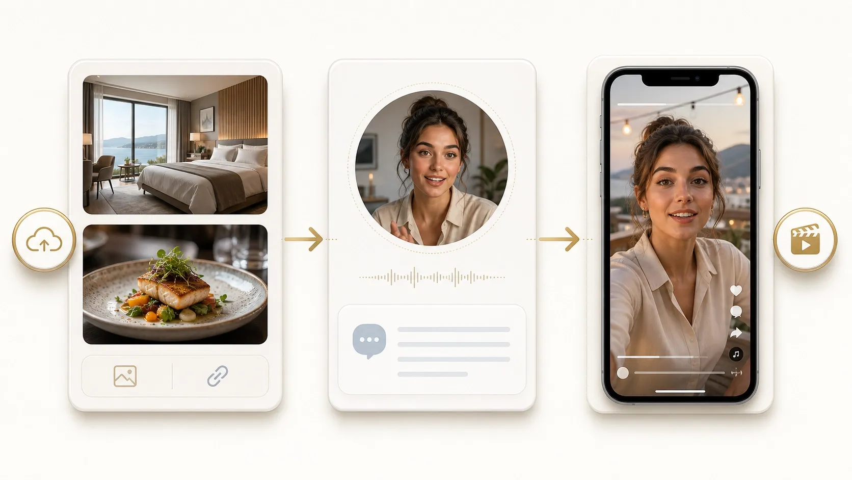 Un diseño que muestra un hotel, un plato de comida y una mujer grabando un video.