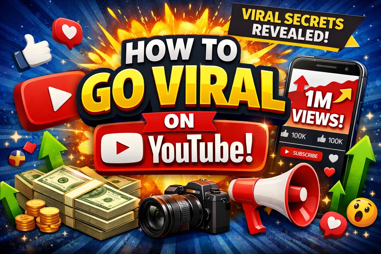 Uma miniatura criativa ilustrando como se tornar viral no YouTube, apresentando elementos como botão de reprodução, dinheiro, câmera e megafone