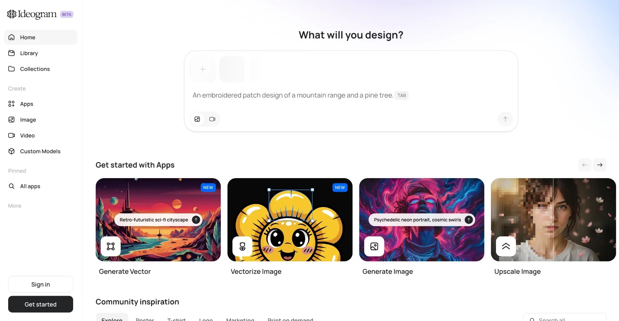 User interface of the Ideogram app showcasing design options and features.