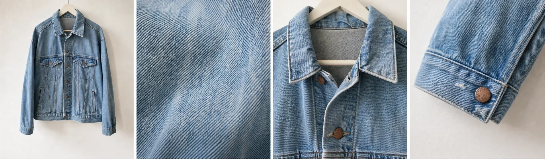 Comparaison de plusieurs vues d’une veste en jean, avec détails du tissu, du col et du poignet