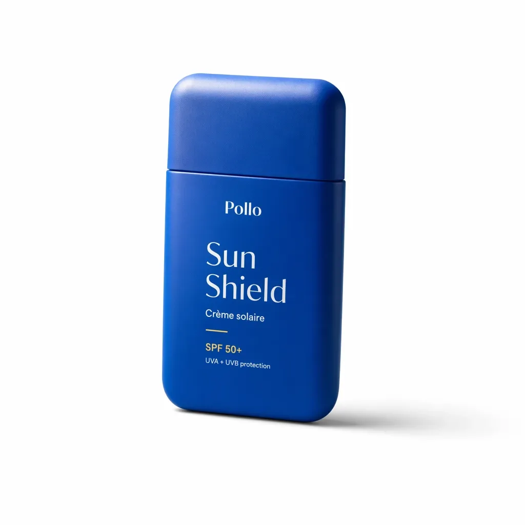 Crème solaire Pollo Sun Shield utilisée comme photo produit pour créer un visuel promo de soldes avec l’IA