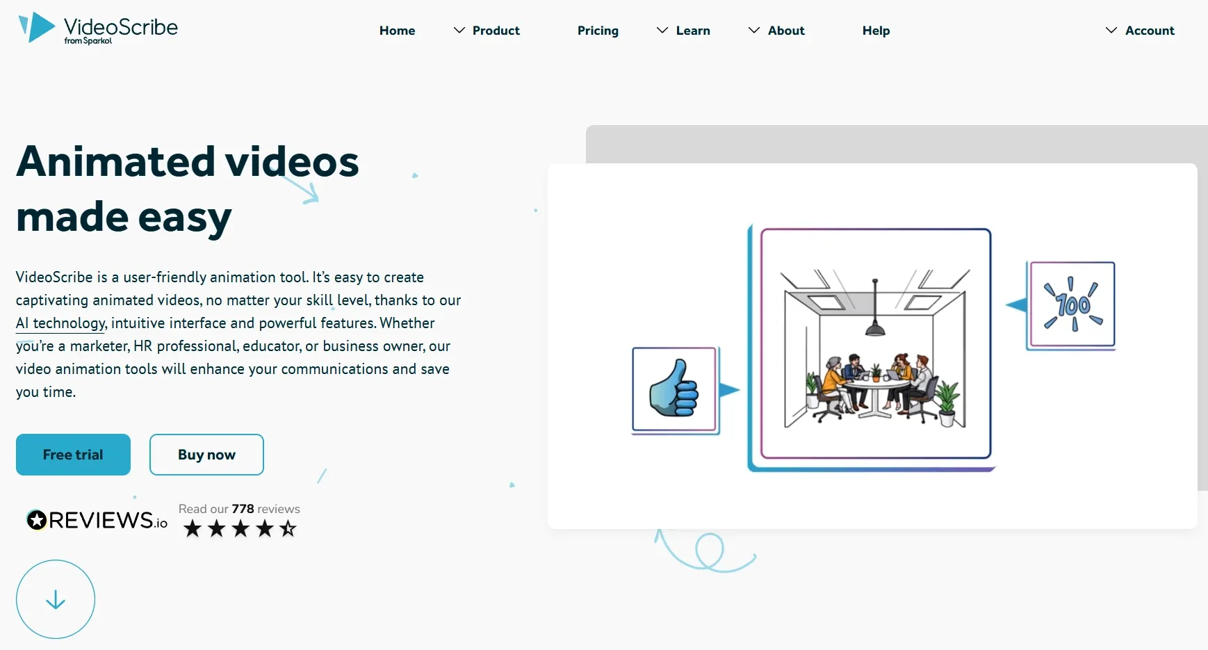 Illustration of a team meeting with thumbs up and a 100 score symbol.