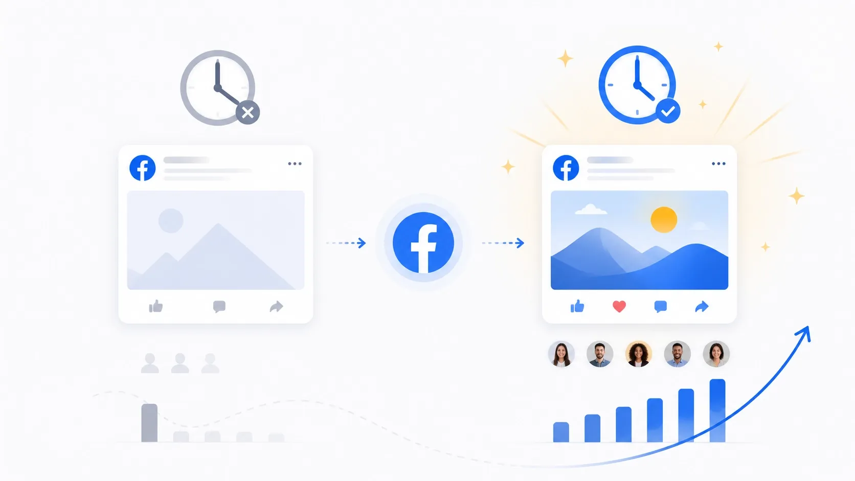 Ilustração mostrando a transformação de uma publicação no Facebook com métricas de engajamento.
