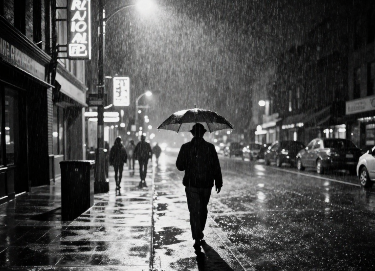 Personne avec parapluie marchant dans une rue de ville pluvieuse, en noir et blanc.