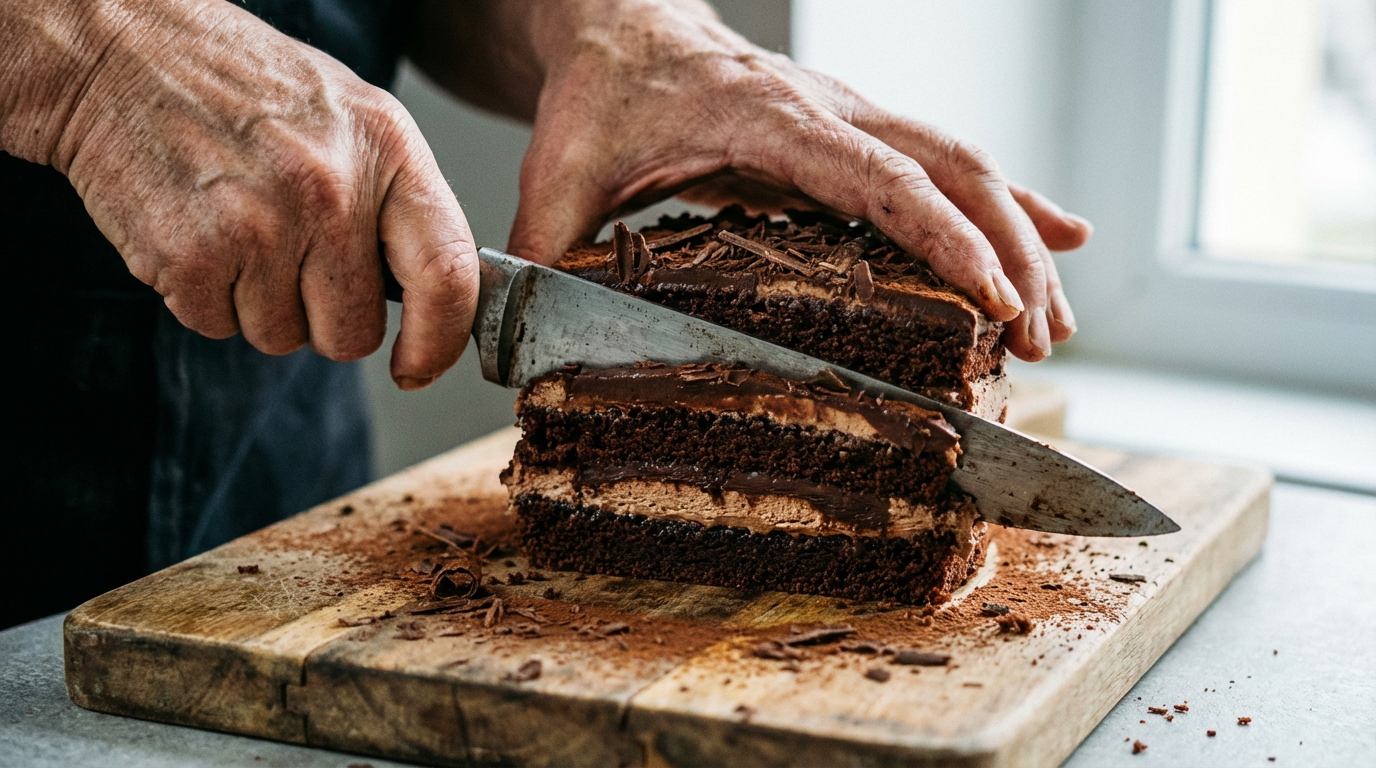 Main coupe un gâteau au chocolat sur une planche à découper en bois