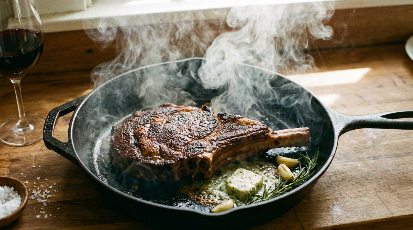 Steak juteux grésillant dans une poêle en fonte enfumée