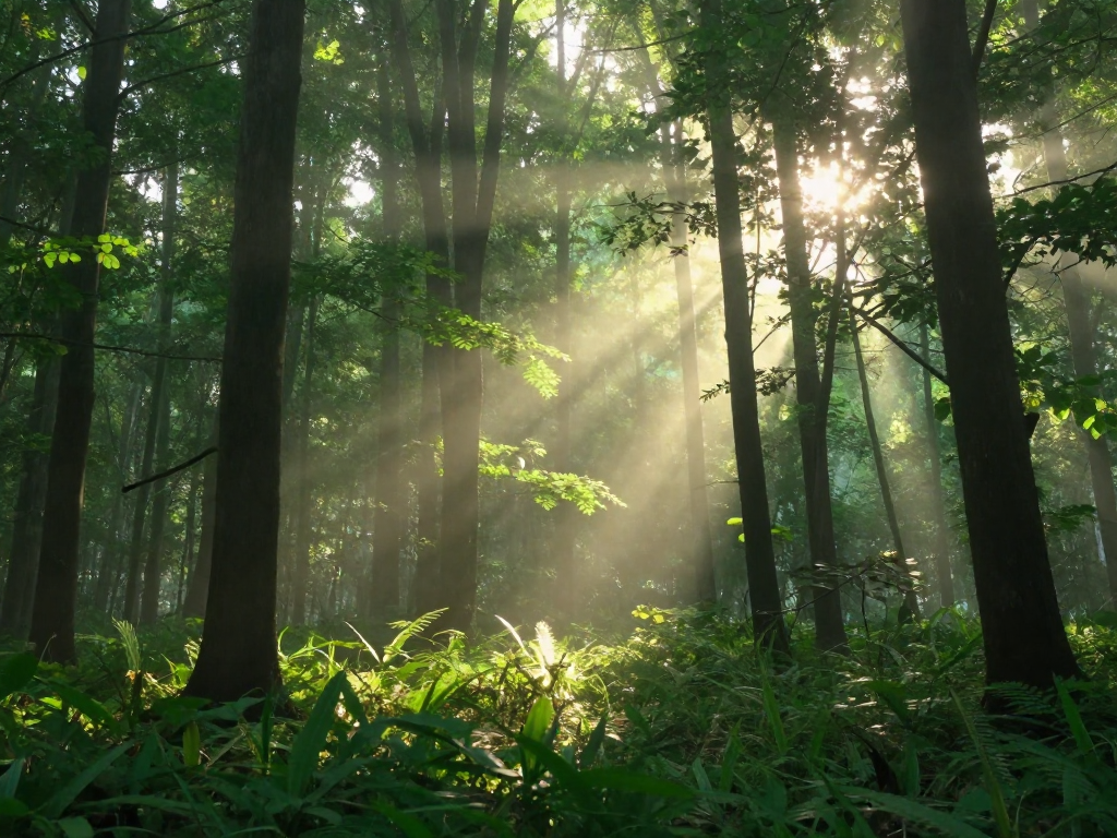 La lumière du soleil traverse une forêt verdoyante avec une atmosphère de matin brumeux.