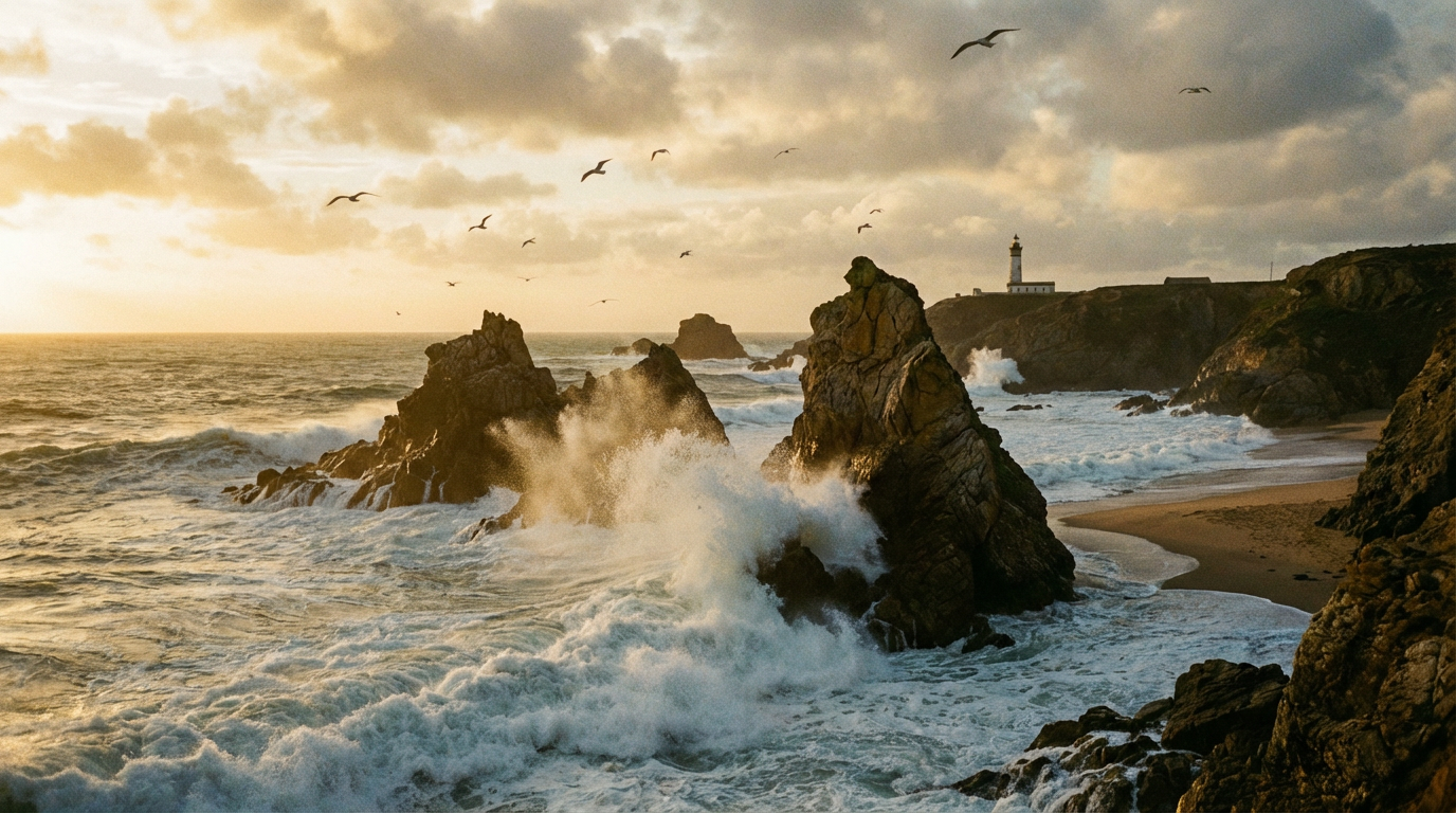 Vagues s'écrasant contre un littoral rocheux au coucher du soleil doré