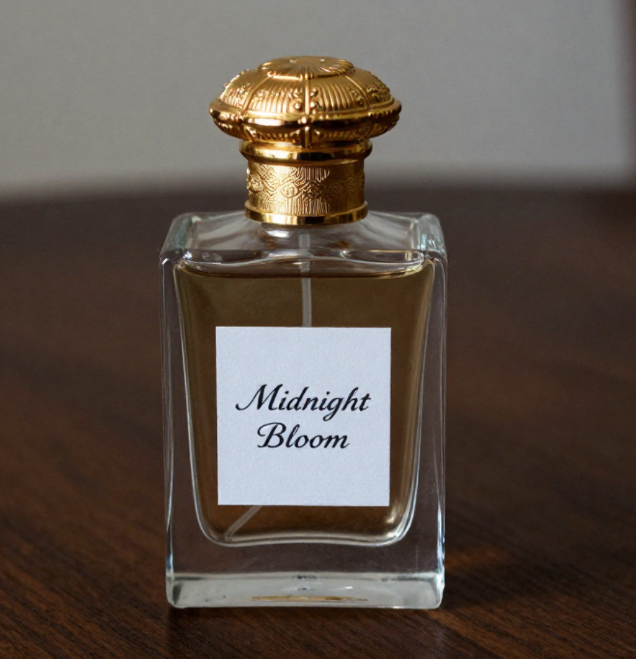 Bouteille de parfum élégante avec bouchon doré sur fond sombre