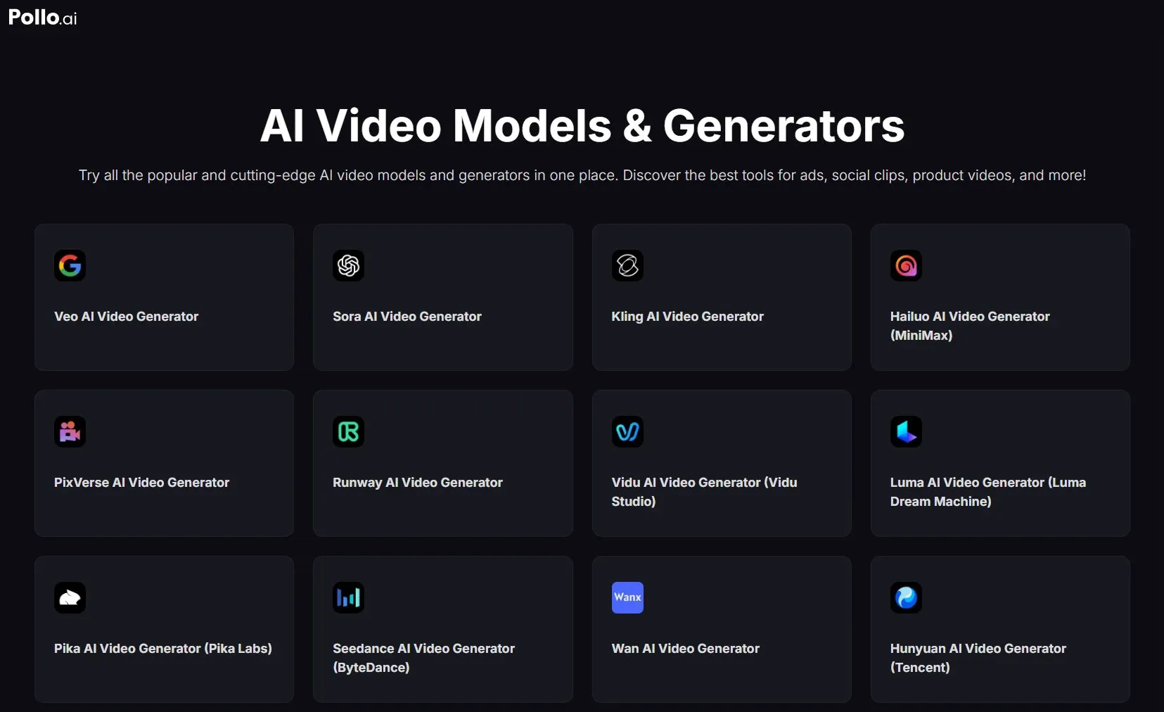 Pollo.ai platform display of mainstream global AI video generation model card list